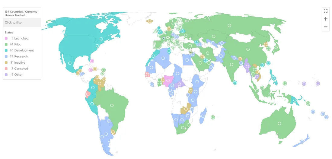 A world map highlighting 134 countries and currency unions exploring Central Bank Digital Currencies (CBDCs), showing their level of development